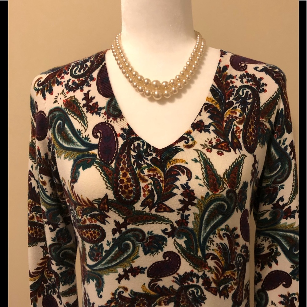 Talbots Petite Paisley V Neck Sweater